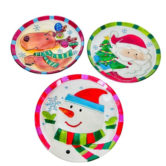Christmas Holiday Hand Painted Glass Plates Lot of 3 Snowman Santa Reindeer 11" - Picture 1 of 8